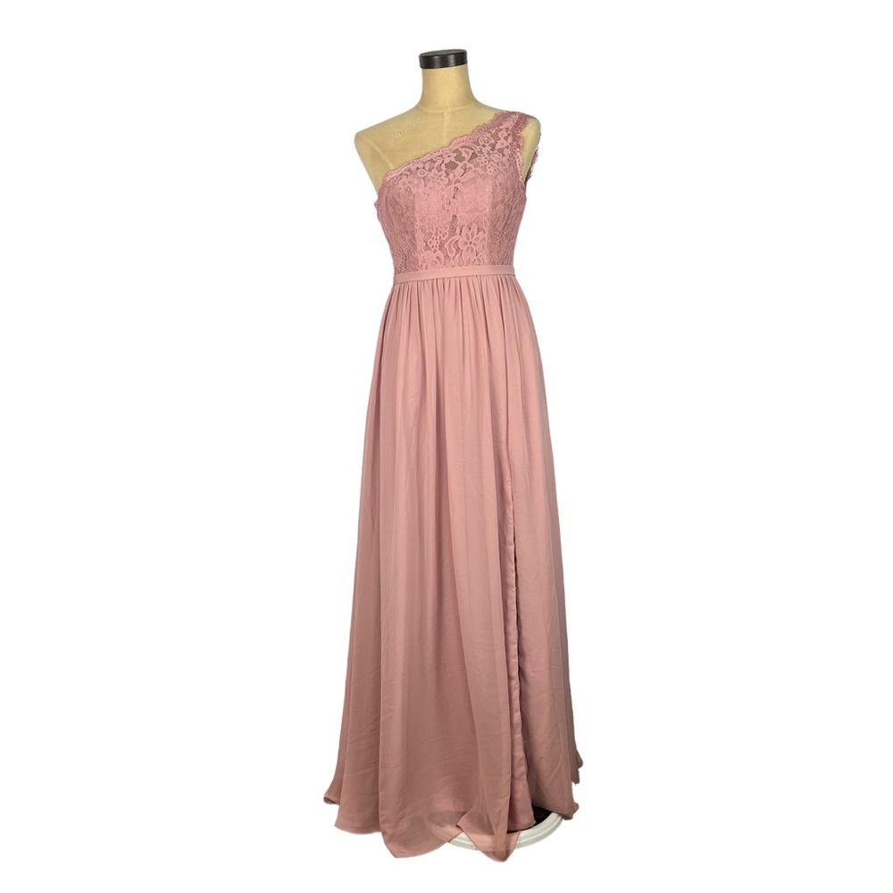 Azazie NEW blush pink one shoulder lace top formal bridesmaid prom dress